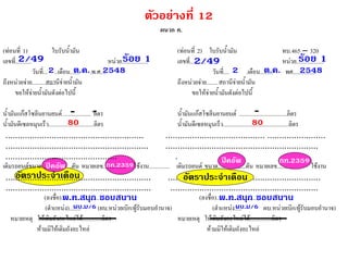 ผนวก ค. (ท่อนที่ 1)ใบรับน้ำมัน (ท่อนที่ 2)ใบรับน้ำมัน ทบ.465–320เลขที่...........หน่วย..................เลขที่...........หน่วย................... วันที่.....เดือน........พ.ศ....วันที่.....เดือน.........พศ................ ถึงหน่วยจ่าย................ถึงหน่วยจ่าย........ ขอให้จ่ายน้ำมันดังต่อไปนี้ ขอให้จ่ายน้ำมันดังต่อไปนี้ น้ำมันแก๊สโซลีนยานยนต์.................... ลิตร น้ำมันแก๊สโซลีนยานยนต์.................................ลิตร น้ำมันดีเซลหมุนเร็ว...............................ลิตร น้ำมันดีเซลหมุนเร็ว.............................................ลิตร ......................................................... ......................................... ........................ ........................................................... ............................................................... .............................................. . เติมรถยนต์ขนาด............ตัน หมายเลข................ใช้งาน..............เติมรถยนต์ขนาด...................ตัน หมายเลข...............ใช้งาน ............................................................ ............................................................... ............................................................ ............................................................. (ลงชื่อ)..................................(ลงชื่อ).................................... (ตำแหน่ง)........(ผบ.หน่วยเบิก/ผู้รับมอบอำนาจ)(ตำแหน่ง.....ผบ.หน่วยเบิก/ผู้รับมอบอำนาจ) หมายเหตุ ให้เติมถังอะไหล่ได้.............ลิตร หมายเหตุ ให้เติมถังอะไหล่ได้...............ลิตร ห้ามมิให้เติมถังอะไหล่ ห้ามมิให้เติมถังอะไหล่ 2/49ร้อย 180 - 2/49ร้อย 1-- 80ตัวอย่างที่ 122ต.ค.25482ต.ค.2548สถานีจ่ายน้ำมันสถานีจ่ายน้ำมัน พ.ท.สนุก ชอบสนานพ.ท.สนุก ชอบสนาน ผบ.ม/6ผบ.ม/6ปิคอัพกท.2359อัตราประจำเดือน ปิคอัพ กท.2359อัตราประจำเดือน  