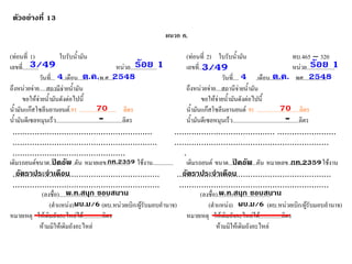 ผนวก ค. (ท่อนที่ 1)ใบรับน้ำมัน (ท่อนที่ 2)ใบรับน้ำมัน ทบ.465–320เลขที่...........หน่วย..................เลขที่...........หน่วย................... วันที่.....เดือน........พ.ศ....วันที่.....เดือน.........พศ................ ถึงหน่วยจ่าย................ถึงหน่วยจ่าย........ ขอให้จ่ายน้ำมันดังต่อไปนี้ ขอให้จ่ายน้ำมันดังต่อไปนี้ น้ำมันแก๊สโซลีนยานยนต์.91.........................ลิตร น้ำมันแก๊สโซลีนยานยนต์91.............................ลิตร น้ำมันดีเซลหมุนเร็ว.............................................ลิตร น้ำมันดีเซลหมุนเร็ว.............................................ลิตร ......................................................... ......................................... ........................ ........................................................... ............................................................... .............................................. . เติมรถยนต์ขนาด............ตัน หมายเลข................ใช้งาน..............เติมรถยนต์ขนาด...................ตัน หมายเลข...............ใช้งาน ............................................................ ............................................................... ............................................................ ............................................................. (ลงชื่อ)..................................(ลงชื่อ).................................... (ตำแหน่ง).(ผบ.หน่วยเบิก/ผู้รับมอบอำนาจ)(ตำแหน่ง)(ผบ.หน่วยเบิก/ผู้รับมอบอำนาจ) หมายเหตุ ให้เติมถังอะไหล่ได้.............ลิตร หมายเหตุ ให้เติมถังอะไหล่ได้...............ลิตร ห้ามมิให้เติมถังอะไหล่ ห้ามมิให้เติมถังอะไหล่ 3/49ร้อย 1703/49ร้อย 1- 4ต.ค.25484ต.ค.2548สถานีจ่ายน้ำมันสถานีจ่ายน้ำมัน พ.ท.สนุก ชอบสนานพ.ท.สนุก ชอบสนาน ผบ.ม/6ผบ.ม/670ปิคอัพกท.2359อัตราประจำเดือน ปิคอัพ กท.2359อัตราประจำเดือน - 
ตัวอย่างที่ 13  