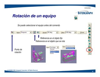 13/03/2006
Se puede seleccionar el equipo antes del comando
Referencia en el objeto fijo
Rotación de un equipo
53
11/10/2008© 2006. Intergraph Corporation. All Rights Reserved.
Punto de
rotación
Referencia en el objeto fijo
Referencia en el objeto que se rota
 