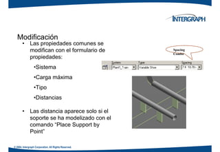 ModificaciónModificación
• Las propiedades comunes se
modifican con el formulario de
propiedades:
Spacing
Combo
propiedades:
•Sistema
C á i•Carga máxima
•Tipo
•Distancias
• Las distancia aparece solo si elp
soporte se ha modelizado con el
comando “Place Support by
Point”
© 2004. Intergraph Corporation. All Rights Reserved.
Point
 