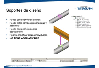 Soportes de diseño
Puede contener varios objetos
Puede estar compuesto por piezas y
assemblyassembly
Puede contener elementos
estructurales
Permite modificar piezas individuales
NO TIENE ASOCIATIVIDAD
© 2004. Intergraph Corporation. All Rights Reserved.
 