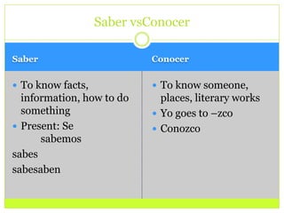 Saber	ConocerTo know facts, information, how to do somethingPresent: Se		sabemossabessabesabenTo know someone, places, literary worksYo goes to –zcoConozcoSaber vsConocer