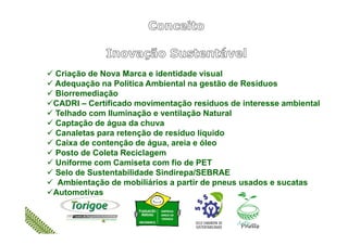 Criação de Nova Marca e identidade visual
Adequação na Política Ambiental na gestão de Resíduos
Biorremediação
CADRI – Certificado movimentação resíduos de interesse ambiental
Telhado com Iluminação e ventilação Natural
Captação de água da chuvaCaptação de água da chuva
Canaletas para retenção de resíduo líquido
Caixa de contenção de água, areia e óleo
Posto de Coleta Reciclagem
Uniforme com Camiseta com fio de PET
Selo de Sustentabilidade Sindirepa/SEBRAE
Ambientação de mobiliários a partir de pneus usados e sucatas
Automotivas
 