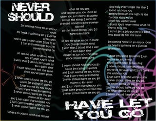 And now every single day that I
                                                             what do you see                spend without you
                                                      and tell me who you think of          getting through the night is the
                                                     when you just can't fall asleep        hardest thing to do
                                                       and all the things I took for        since you walked away
                                                     granted moments gone forever          I guess you'll never know what its
             I'm comin
                         g home t                                 wasted                   like to miss you
                                    o an emp
                                                ty     all the stupid things I did I'd
         my head                           room                                            I try to get a grip put my life back
                    is spinnin                                take them back
                                g on a Su                                                  into place its not the same.
                                           nday
      there wa                      afternoo
                  s a time w                   n      so tell me what to do to make
                               hen I had                                                   I'm coming home to an empty room
             I can stil                    it all
                         l rememb
                                    er but I'm            you change you're mind           my head is spinning on a Sunday
                           barely ha
                                      nging on        I wish that I could find a way       afternoon.
                                                             to turn back time
         so tell me
                       what to
                                  do to ma              cause I'm just not the same         Cause I'm falling to pieces I just
                 you chan                    ke           since you've been gone.
     I wish th                ge you're                                                     wanna let you know
                 at I could              mind
                               find a wa                                                   that I can't keep pretending
                                          y to
                             turn bac                  I never should have let you go      I never should have let you go
         cause lif                     k time
                    e's just n
                                ot the sa                 cause I'm falling to pieces      you're so far away and I just can't
                since you                  me
                             've been                  and I just wanna let you know       live without you
                                       gone.
                                                         that I can't keep pretending      I just can't breathe without you
       I never s
                  hould ha
                              ve let you               I never should have let you go     I never should have let you go.
           cause I'm                      go
                         falling to                           you're so far away          I'm never gonna let you go.
            I just wa                pieces
                       nna let yo
                                    u know            and I just can't live without you   I never should have let you go.
        that I ca
     I n ev er s
                    n't keep
                               pretendin              I just can't breathe without you    I'm never gonna let you go.
                                           g
                 hould ha
                             ve let you                 I never should have let you go.   I never should have let you go.
                     you're so           go
  and I jus                      far away
              t can't liv
 I just can                e withou
              't breath              t you
   I n ev er s            e withou
               hould ha              t you
                           ve let you
                                       go.
What's o
          n you're
                     mind and
                                  tell me
 