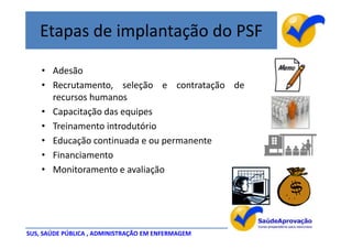 Etapas de implantação do PSF

    • Adesão
    • Recrutamento, seleção e contratação de
      recursos humanos
    • Capacitação das equipes
    • Treinamento introdutório
    • Educação continuada e ou permanente
    • Financiamento
    • Monitoramento e avaliação




SUS, SAÚDE PÚBLICA , ADMINISTRAÇÃO EM ENFERMAGEM
 