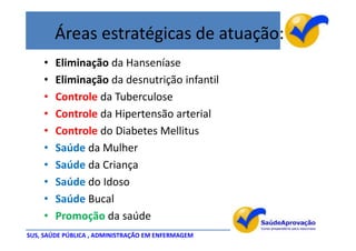 Áreas estratégicas de atuação:
    •   Eliminação da Hanseníase
    •   Eliminação da desnutrição infantil
    •   Controle da Tuberculose
    •   Controle da Hipertensão arterial
    •   Controle do Diabetes Mellitus
    •   Saúde da Mulher
    •   Saúde da Criança
    •   Saúde do Idoso
    •   Saúde Bucal
    •   Promoção da saúde
SUS, SAÚDE PÚBLICA , ADMINISTRAÇÃO EM ENFERMAGEM
 