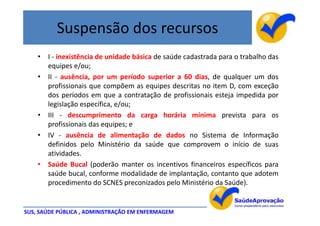 Suspensão dos recursos
    • I - inexistência de unidade básica de saúde cadastrada para o trabalho das
      equipes e/ou;
    • II - ausência, por um período superior a 60 dias, de qualquer um dos
      profissionais que compõem as equipes descritas no item D, com exceção
      dos períodos em que a contratação de profissionais esteja impedida por
      legislação específica, e/ou;
    • III - descumprimento da carga horária mínima prevista para os
      profissionais das equipes; e
    • IV - ausência de alimentação de dados no Sistema de Informação
      definidos pelo Ministério da saúde que comprovem o início de suas
      atividades.
    • Saúde Bucal (poderão manter os incentivos financeiros específicos para
      saúde bucal, conforme modalidade de implantação, contanto que adotem
      procedimento do SCNES preconizados pelo Ministério da Saúde).


SUS, SAÚDE PÚBLICA , ADMINISTRAÇÃO EM ENFERMAGEM
 