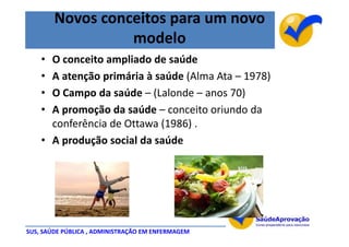 Novos conceitos para um novo
                  modelo
    • O conceito ampliado de saúde
    • A atenção primária à saúde (Alma Ata – 1978)
    • O Campo da saúde – (Lalonde – anos 70)
    • A promoção da saúde – conceito oriundo da
      conferência de Ottawa (1986) .
    • A produção social da saúde




SUS, SAÚDE PÚBLICA , ADMINISTRAÇÃO EM ENFERMAGEM
 