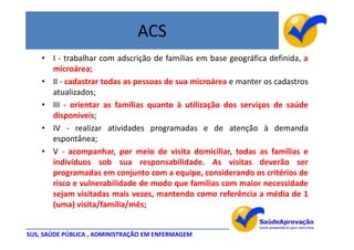 ACS
    • I - trabalhar com adscrição de famílias em base geográfica definida, a
      microárea;
    • II - cadastrar todas as pessoas de sua microárea e manter os cadastros
      atualizados;
    • III - orientar as famílias quanto à utilização dos serviços de saúde
      disponíveis;
    • IV - realizar atividades programadas e de atenção à demanda
      espontânea;
    • V - acompanhar, por meio de visita domiciliar, todas as famílias e
      indivíduos sob sua responsabilidade. As visitas deverão ser
      programadas em conjunto com a equipe, considerando os critérios de
      risco e vulnerabilidade de modo que famílias com maior necessidade
      sejam visitadas mais vezes, mantendo como referência a média de 1
      (uma) visita/família/mês;


SUS, SAÚDE PÚBLICA , ADMINISTRAÇÃO EM ENFERMAGEM
 