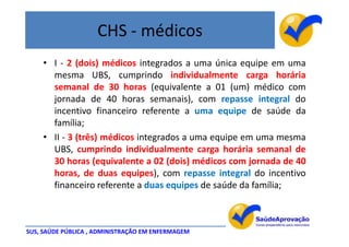CHS - médicos
    • I - 2 (dois) médicos integrados a uma única equipe em uma
      mesma UBS, cumprindo individualmente carga horária
      semanal de 30 horas (equivalente a 01 (um) médico com
      jornada de 40 horas semanais), com repasse integral do
      incentivo financeiro referente a uma equipe de saúde da
      família;
    • II - 3 (três) médicos integrados a uma equipe em uma mesma
      UBS, cumprindo individualmente carga horária semanal de
      30 horas (equivalente a 02 (dois) médicos com jornada de 40
      horas, de duas equipes), com repasse integral do incentivo
      financeiro referente a duas equipes de saúde da família;



SUS, SAÚDE PÚBLICA , ADMINISTRAÇÃO EM ENFERMAGEM
 