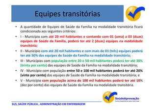 Equipes transitórias
  • A quantidade de Equipes de Saúde da Família na modalidade transitória ficará
    condicionada aos seguintes critérios:
  • I - Município com até 20 mil habitantes e contando com 01 (uma) a 03 (duas)
    equipes de Saúde da Família, poderá ter até 2 (duas) equipes na modalidade
    transitória;
  • II - Município com até 20 mil habitantes e com mais de 03 (três) equipes poderá
    ter até 50% das equipes de Saúde da Família na modalidade transitória;
  • III - Municípios com população entre 20 e 50 mil habitantes poderá ter até 30%
    (trinta por cento) das equipes de Saúde da Família na modalidade transitória;
  • IV - Município com população entre 50 e 100 mil habitantes poderá ter até 20%
    (vinte por cento) das equipes de Saúde da Família na modalidade transitória; e
  • V - Município com população acima de 100 mil habitantes poderá ter até 10%
    (dez por cento) das equipes de Saúde da Família na modalidade transitória.




SUS, SAÚDE PÚBLICA , ADMINISTRAÇÃO EM ENFERMAGEM
 