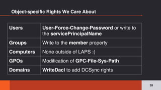 Object-specific Rights We Care About
28
Users User-Force-Change-Password or write to
the servicePrincipalName
Groups Write to the member property
Computers None outside of LAPS :(
GPOs Modification of GPC-File-Sys-Path
Domains WriteDacl to add DCSync rights
 