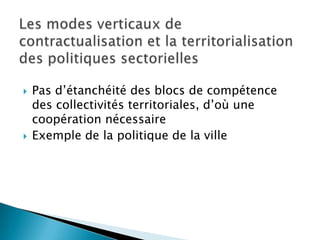 Les modes verticaux de contractualisation et la territorialisation des politiques sectoriellesPas d’étanchéité des blocs de compétence des collectivités territoriales, d’où une coopération nécessaireExemple de la politique de la ville