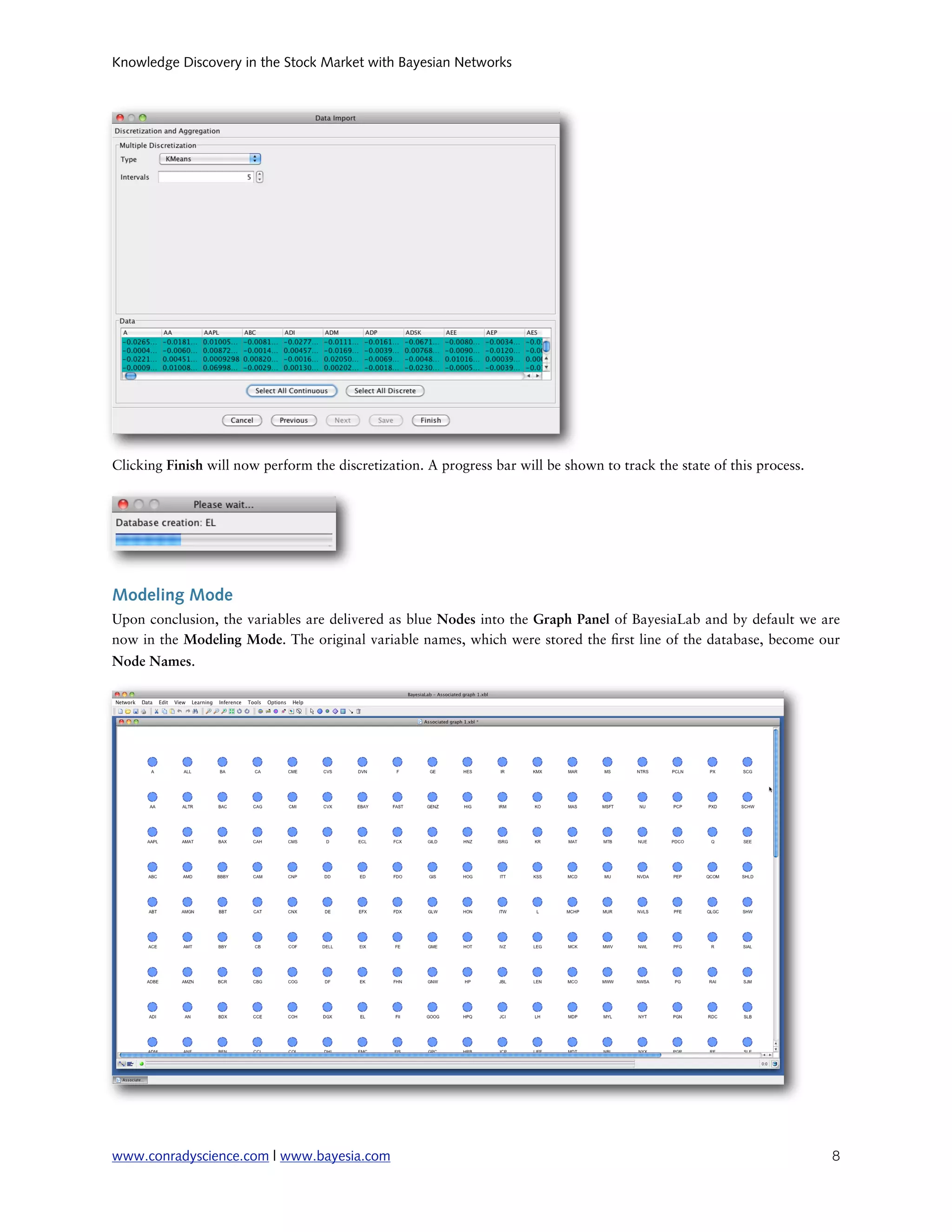 Knowledge Discovery in the Stock Market with Bayesian Networks




Clicking Finish will now perform the discretization. A progress bar will be shown to track the state of this process.




Modeling Mode
Upon conclusion, the variables are delivered as blue Nodes into the Graph Panel of BayesiaLab and by default we are
now in the Modeling Mode. The original variable names, which were stored the rst line of the database, become our
Node Names.




www.conradyscience.com | www.bayesia.com
                                                                               8
 