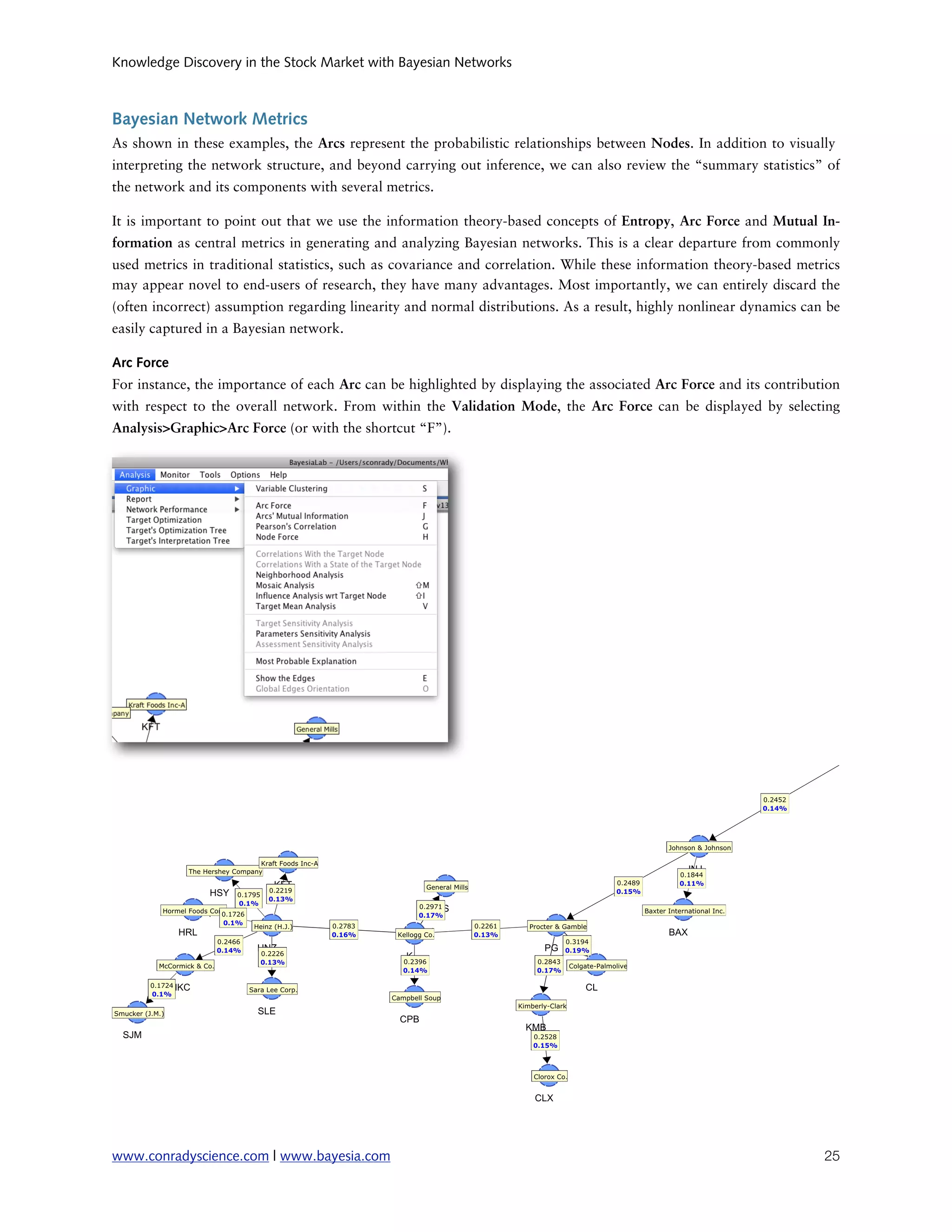 Knowledge Discovery in the Stock Market with Bayesian Networks



Bayesian Network Metrics
As shown in these examples, the Arcs represent the probabilistic relationships between Nodes. In addition to visually
interpreting the network structure, and beyond carrying out inference, we can also review the “summary statistics” of
the network and its components with several metrics.

It is important to point out that we use the information theory-based concepts of Entropy, Arc Force and Mutual In-
formation as central metrics in generating and analyzing Bayesian networks. This is a clear departure from commonly
used metrics in traditional statistics, such as covariance and correlation. While these information theory-based metrics
may appear novel to end-users of research, they have many advantages. Most importantly, we can entirely discard the
(often incorrect) assumption regarding linearity and normal distributions. As a result, highly nonlinear dynamics can be
easily captured in a Bayesian network.

Arc Force
For instance, the importance of each Arc can be highlighted by displaying the associated Arc Force and its contribution
with respect to the overall network. From within the Validation Mode, the Arc Force can be displayed by selecting
Analysis>Graphic>Arc Force (or with the shortcut “F”).




www.conradyscience.com | www.bayesia.com
                                                                            25
 