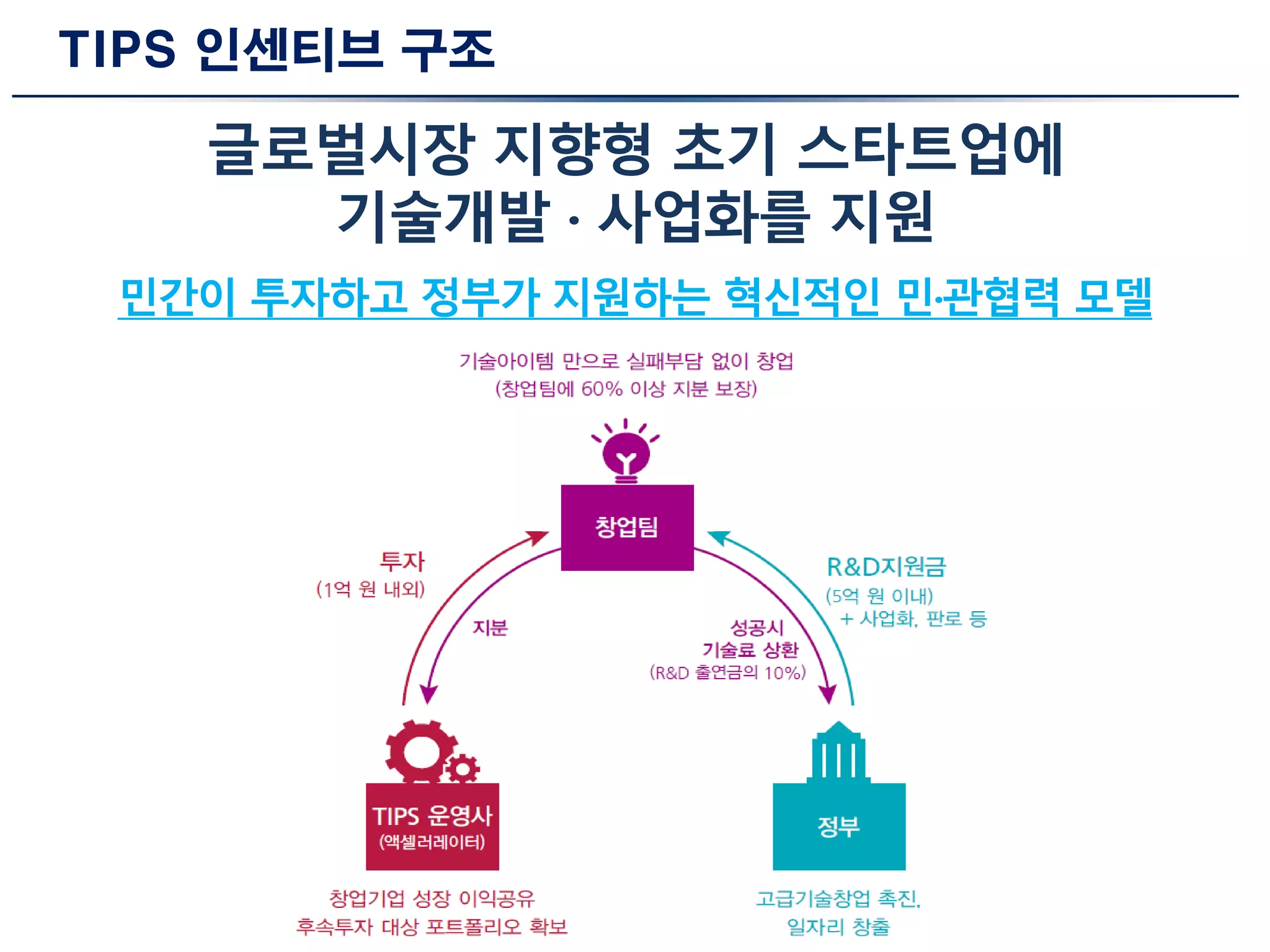 TIPS 인센티브 구조
글로벌시장 지향형 초기 스타트업에
기술개발 · 사업화를 지원
민간이 투자하고 정부가 지원하는 혁신적인 민·관협력 모델
 