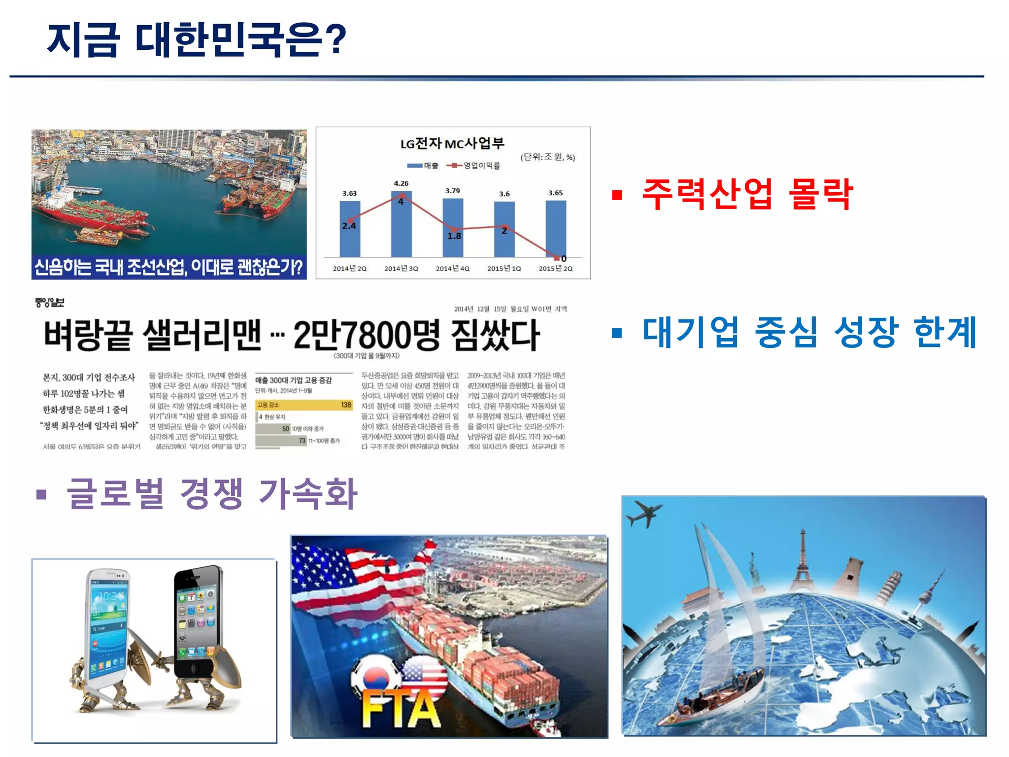 지금 대한민국은?
 주력산업 몰락
 대기업 중심 성장 한계
 글로벌 경쟁 가속화
 