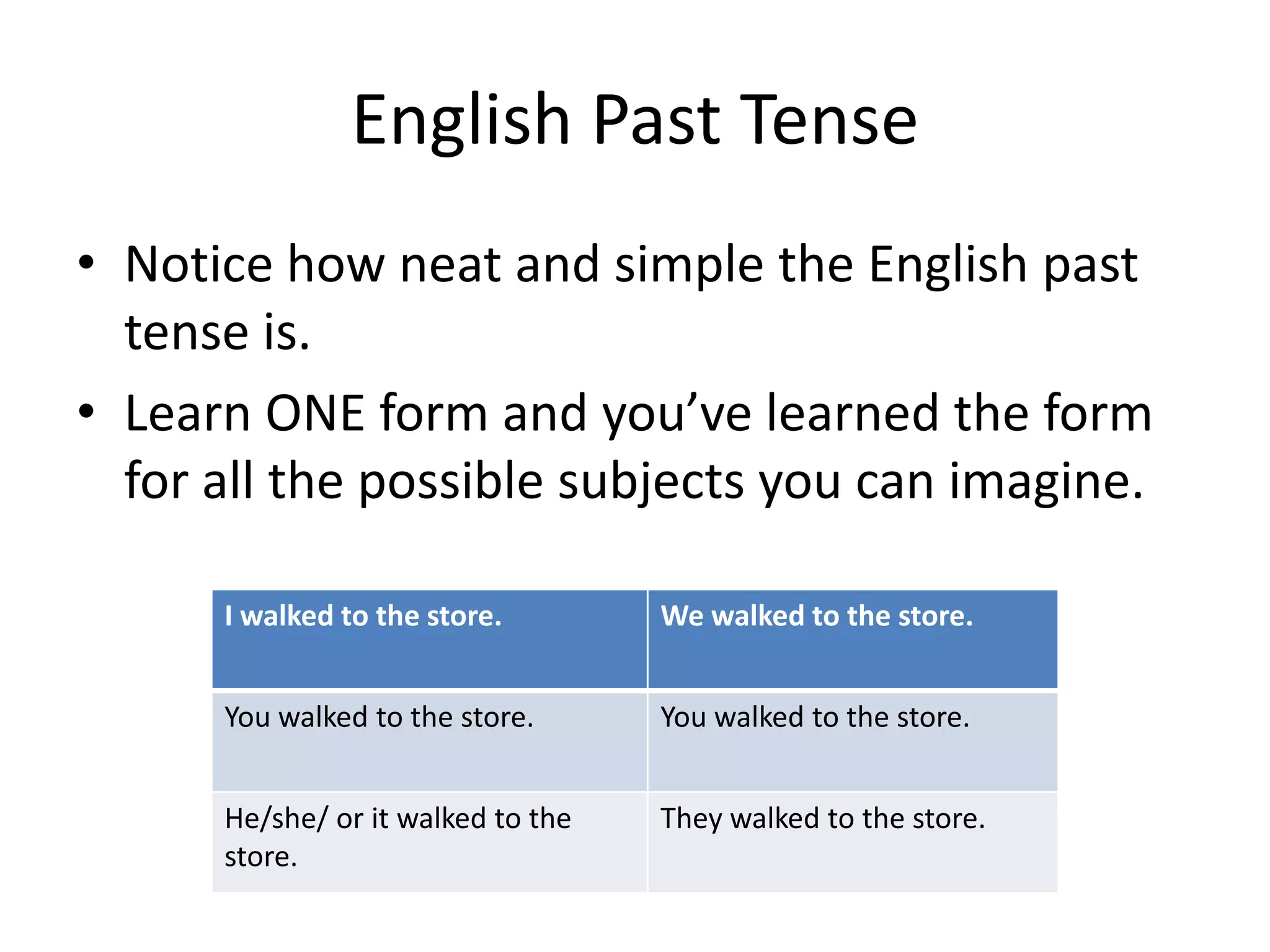 English Past Tense
• Notice how neat and simple the English past
  tense is.
• Learn ONE form and you’ve learned the form
  for all the possible subjects you can imagine.

      I walked to the store.        We walked to the store.


      You walked to the store.      You walked to the store.


      He/she/ or it walked to the   They walked to the store.
      store.
 