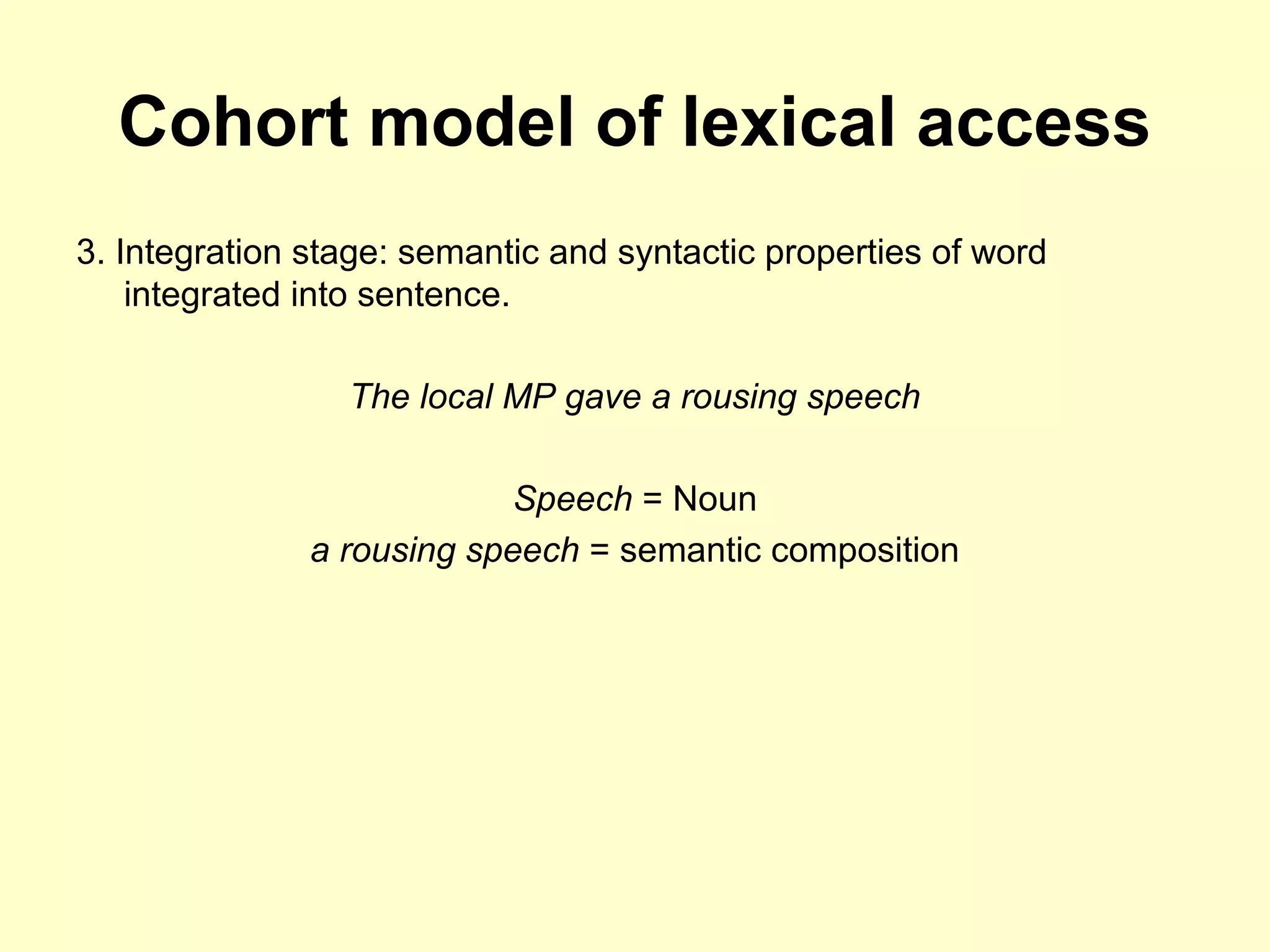 Cohort model of lexical access
3. Integration stage: semantic and syntactic properties of word
integrated into sentence.
The local MP gave a rousing speech
Speech = Noun
a rousing speech = semantic composition
 