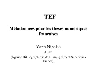 TEF Métadonnées pour les thèses numériques françaises Yann Nicolas ABES (Agence Bibliographique de l’Enseignement Supérieur - France) 
