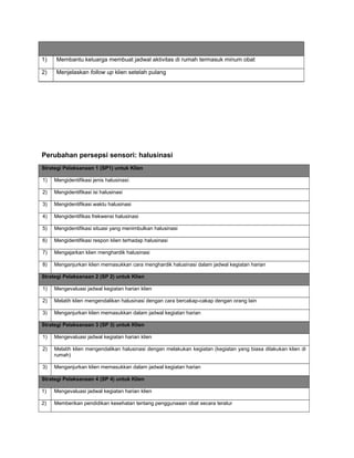 1) Membantu keluarga membuat jadwal aktivitas di rumah termasuk minum obat
2) Menjelaskan follow up klien setelah pulang
Perubahan persepsi sensori: halusinasi
Strategi Pelaksanaan 1 (SP1) untuk Klien
1) Mengidentifikasi jenis halusinasi:
2) Mengidentifikasi isi halusinasi
3) Mengidentifikasi waktu halusinasi
4) Mengidentifikas frekwensi halusinasi
5) Mengidentifikasi situasi yang menimbulkan halusinasi
6) Mengidentifikasi respon klien terhadap halusinasi
7) Mengajarkan klien menghardik halusinasi
8) Menganjurkan klien memasukkan cara menghardik halusinasi dalam jadwal kegiatan harian
Strategi Pelaksanaan 2 (SP 2) untuk Klien
1) Mengevaluasi jadwal kegiatan harian klien
2) Melatih klien mengendalikan halusinasi dengan cara bercakap-cakap dengan orang lain
3) Menganjurkan klien memasukkan dalam jadwal kegiatan harian
Strategi Pelaksanaan 3 (SP 3) untuk Klien
1) Mengevaluasi jadwal kegiatan harian klien
2) Melatih klien mengendalikan halusinasi dengan melakukan kegiatan (kegiatan yang biasa dilakukan klien di
rumah)
3) Menganjurkan klien memasukkan dalam jadwal kegiatan harian
Strategi Pelaksanaan 4 (SP 4) untuk Klien
1) Mengevaluasi jadwal kegiatan harian klien
2) Memberikan pendidikan kesehatan tentang penggunaaan obat secara teratur
 