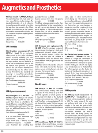 Augmetics and Prosthetics
     IMA Heat Sink [TL 10, ART 2%, 1 / hour]:        guided ordinance) Cr 25,000                      cable, radio or other non-hardwired
     This is a military heat sink, much larger and   Suicide grenade (turns head into plasma          comms being too vulnerable to enemy
     more powerful than civilian designs. The        grenade)            Cr 30,000                    jamming. Cannot be used without a B-WIS.
     standard heat sink is a 20 by 60 millimetre     The Officer optics are designer rather than      Many users then plug short range comms
     heat exchanger and is capable of handling       overt and include Tactical map display in        into their sockets and smart hardware to
     the heat from five augmetics. The Officer       the left eye and data display in the right       remove the need for a cable and these
     upgrade is the same size as the standard        eye in addition to the normal overt optic        can be purchased for as little as Cr 50. The
     heat sink but somewhat less box like and        features. They can still be upgraded with        socket is typically mounted in the skull or
     can handle the heat from eight augmetics.       two additional functions from the list.          neck for pilots and other vehicle crew or in
     Heat sink, TL 10                                Overt Optics, pair                               the arms for infantry/marine troopers. The
     5 augmetics          Cr 40,000                  TL 11               Cr 100,000                   officer smart linkage is little different from
     Officer heat sink, TL 12                        Officer designer optics, pair                    the normal one, except that it is hidden
     8 augmetics          Cr 65,000                  TL 12               Cr 250,000                   under artificial skin when not in use.
                                                                                                      IMA smart linkage
     IMA Biomods                                     IMA Armoured skin replacement [TL                TL 11                Cr 2,500
                                                     10, ART 10%]: The standard version of            Officer smart linkage
     IMA Circulatory enhancement [TL 11,             this reinforces the character’s body and         TL 12                Cr 4,000
     ART 7%, 1 / hour]: This is a mechanical         replaces their skin with a heavy ballistic
     enhancement to the entire circulatory           fibre to provide Armour 2 across the             IMA Tactical map storage system [TL
     system, including replacing the heart           entire body. This gives the character a          11, ART 6%, 1 / 5 minutes]: This piece of
     with a mechanical prosthetic. The rest of       skin like dense rubber and destroys their        wetware is a single role combination of
     the major arteries are also reinforced to       sense of touch. Normally genitalia are left      processor, memory storage device and
     handle the increased blood pressure that        unarmoured.                                      comm system that is designed to update
     the artificial heart provides. The overall      The officer version only provides Armour 1       from the military sat network and display
     effect of this is to increase the Endurance     to the entire body, however the character        a real time tactical view of the battlefield.
     characteristic by one. The officer version      appears almost entirely human and does           The officer upgrade can also display the
     is more efficient than the standard, only       not loose their sense of touch.                  locations of friendly units operating in its
     requiring 1- 3 hours. This is a borderline      Armoured skin replacement                        network. If they have biomonitors fitted,
     item as it could be classified as an organ      Armour 2            Cr 60,000                    then these details will also be displayed on
     replacement.                                    Officer armoured skin replacement                the officer TMSS. Requires a heat sink.
     IMA Circulatory enhancement                     Armour 1            Cr 75,000                    Tactical map storage system
     TL 11                 Cr 400,000                                                                 TL 11               Cr 30,000
     Officer Circulation                             IMA Wetware                                      Officer tactical map system
     TL 12                 Cr 500,000                                                                 TL 12               Cr 50,000
                                                     IMA B-WIS [TL 11, ART 3%, 1 / hour]:
     IMA Organ replacement                           This is the standard military B-WIS and          IMA Implants
                                                     is capable of being linked to up to four
     IMA Overt Optics [TL 11, ART 10%, 1 / 10        different augmetics or smart systems. It         IMA Military muscle replacement [TL
     minutes]: Replaces the eyes with complex        is mounted in the back of the skull and          12, ART 30%, 1 / minute]: This is one of
     military scanners that fill the entire eye      requires a power source and a military heat      the more extensive augmetics produced
     socket from brow to cheekbone. The              sink. The officer version, available at TL 12,   by IMA. The major bones of the body
     standard features are anti flash protection     sits flush with the back of the head and can     are reinforced and most of the major
     and light intensifier night vision. They can    therefore be hidden by long hair or a hat.       muscles in the body are replaced with
     have two additional functions from the          It can also be linked up to eight different      artificial muscles running off power cells.
     following list:                                 augmetic or smart systems.                       This produces a respectable +2 to body
     Tactical map display (requires TMSS)            IMA B-WIS                                        characteristic. However the artificial
                         Cr 10,000                   TL 11                Cr 50,000                   muscles used are bulky, giving the
     IR & UV vision filters, alternative night       Officer B-WIS                                    character a swollen, inhuman appearance.
     vision options      Cr 15,000                   TL 12                Cr 70,000                   The Officer muscle replacement uses more
     Range finder laser, +1 DM to hit with                                                            advanced muscle fibres to give the same
     ‘smart-linked’ weapons         Cr 20,000        IMA Smart linkage [TL 11, ART 1%]: The           improvement to body without the massive
     Laser designator (for targeting laser           standard military smart linkage connects         increase in bulk.
                                                     directly to the smart device by fibre optic


28
 