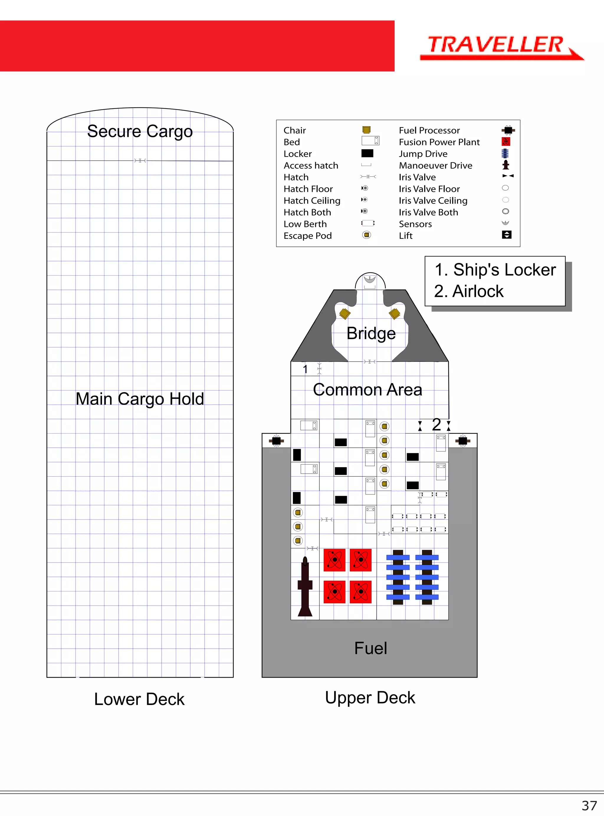 Secure Cargo     Chair
                  Bed
                                           Fuel Processor
                                           Fusion Power Plant
                  Locker                   Jump Drive
                  Access hatch             Manoeuver Drive
                  Hatch                    Iris Valve
                  Hatch Floor              Iris Valve Floor
                  Hatch Ceiling            Iris Valve Ceiling
                  Hatch Both               Iris Valve Both
                  Low Berth                Sensors
                  Escape Pod               Lift


                                                  1. Ship's Locker
                                                  2. Airlock

                                  Bridge
                      1
                          Common Area
Main Cargo Hold
                                                  2




                                  Fuel

  Lower Deck               Upper Deck




                                                                     37
 