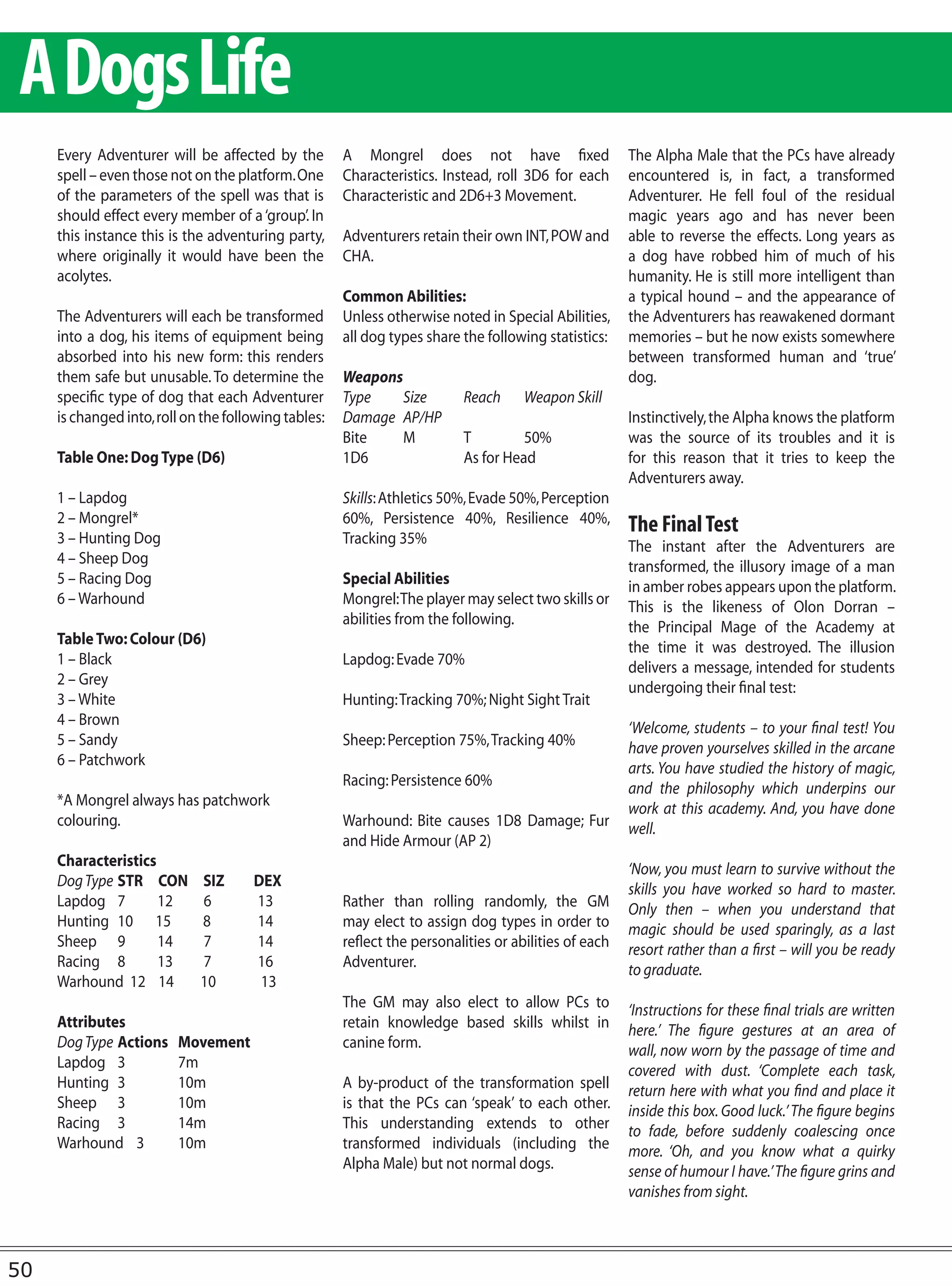 A Dogs Life
     Every Adventurer will be affected by the         A Mongrel does not have fixed                    The Alpha Male that the PCs have already
     spell – even those not on the platform. One      Characteristics. Instead, roll 3D6 for each      encountered is, in fact, a transformed
     of the parameters of the spell was that is       Characteristic and 2D6+3 Movement.               Adventurer. He fell foul of the residual
     should effect every member of a ‘group’. In                                                       magic years ago and has never been
     this instance this is the adventuring party,     Adventurers retain their own INT, POW and        able to reverse the effects. Long years as
     where originally it would have been the          CHA.                                             a dog have robbed him of much of his
     acolytes.                                                                                         humanity. He is still more intelligent than
                                                      Common Abilities:                                a typical hound – and the appearance of
     The Adventurers will each be transformed         Unless otherwise noted in Special Abilities,     the Adventurers has reawakened dormant
     into a dog, his items of equipment being         all dog types share the following statistics:    memories – but he now exists somewhere
     absorbed into his new form: this renders                                                          between transformed human and ‘true’
     them safe but unusable. To determine the         Weapons                                          dog.
     specific type of dog that each Adventurer        Type    Size        Reach      Weapon Skill
     is changed into, roll on the following tables:   Damage AP/HP                                     Instinctively, the Alpha knows the platform
                                                      Bite    M           T         50%                was the source of its troubles and it is
     Table One: Dog Type (D6)                         1D6                 As for Head                  for this reason that it tries to keep the
                                                                                                       Adventurers away.
     1 – Lapdog                                       Skills: Athletics 50%, Evade 50%, Perception
     2 – Mongrel*                                     60%, Persistence 40%, Resilience 40%,            The Final Test
     3 – Hunting Dog                                  Tracking 35%                                     The instant after the Adventurers are
     4 – Sheep Dog                                                                                     transformed, the illusory image of a man
     5 – Racing Dog                                   Special Abilities                                in amber robes appears upon the platform.
     6 – Warhound                                     Mongrel: The player may select two skills or     This is the likeness of Olon Dorran –
                                                      abilities from the following.                    the Principal Mage of the Academy at
     Table Two: Colour (D6)                                                                            the time it was destroyed. The illusion
     1 – Black                                        Lapdog: Evade 70%                                delivers a message, intended for students
     2 – Grey                                                                                          undergoing their final test:
     3 – White                                        Hunting: Tracking 70%; Night Sight Trait
     4 – Brown                                                                                         ‘Welcome, students – to your final test! You
     5 – Sandy                                        Sheep: Perception 75%, Tracking 40%              have proven yourselves skilled in the arcane
     6 – Patchwork                                                                                     arts. You have studied the history of magic,
                                                      Racing: Persistence 60%                          and the philosophy which underpins our
     *A Mongrel always has patchwork                                                                   work at this academy. And, you have done
     colouring.                                       Warhound: Bite causes 1D8 Damage; Fur            well.
                                                      and Hide Armour (AP 2)
     Characteristics                                                                                   ‘Now, you must learn to survive without the
     Dog Type STR CON        SIZ      DEX                                                              skills you have worked so hard to master.
     Lapdog 7        12      6        13              Rather than rolling randomly, the GM             Only then – when you understand that
     Hunting 10 15           8        14              may elect to assign dog types in order to        magic should be used sparingly, as a last
     Sheep 9         14      7        14              reflect the personalities or abilities of each   resort rather than a first – will you be ready
     Racing 8        13      7        16              Adventurer.                                      to graduate.
     Warhound 12 14          10        13
                                                      The GM may also elect to allow PCs to            ‘Instructions for these final trials are written
     Attributes                                       retain knowledge based skills whilst in          here.’ The figure gestures at an area of
     Dog Type Actions    Movement                     canine form.                                     wall, now worn by the passage of time and
     Lapdog 3            7m                                                                            covered with dust. ‘Complete each task,
     Hunting 3           10m                          A by-product of the transformation spell         return here with what you find and place it
     Sheep 3             10m                          is that the PCs can ‘speak’ to each other.       inside this box. Good luck.’ The figure begins
     Racing 3            14m                          This understanding extends to other              to fade, before suddenly coalescing once
     Warhound 3          10m                          transformed individuals (including the           more. ‘Oh, and you know what a quirky
                                                      Alpha Male) but not normal dogs.                 sense of humour I have.’ The figure grins and
                                                                                                       vanishes from sight.



50
 