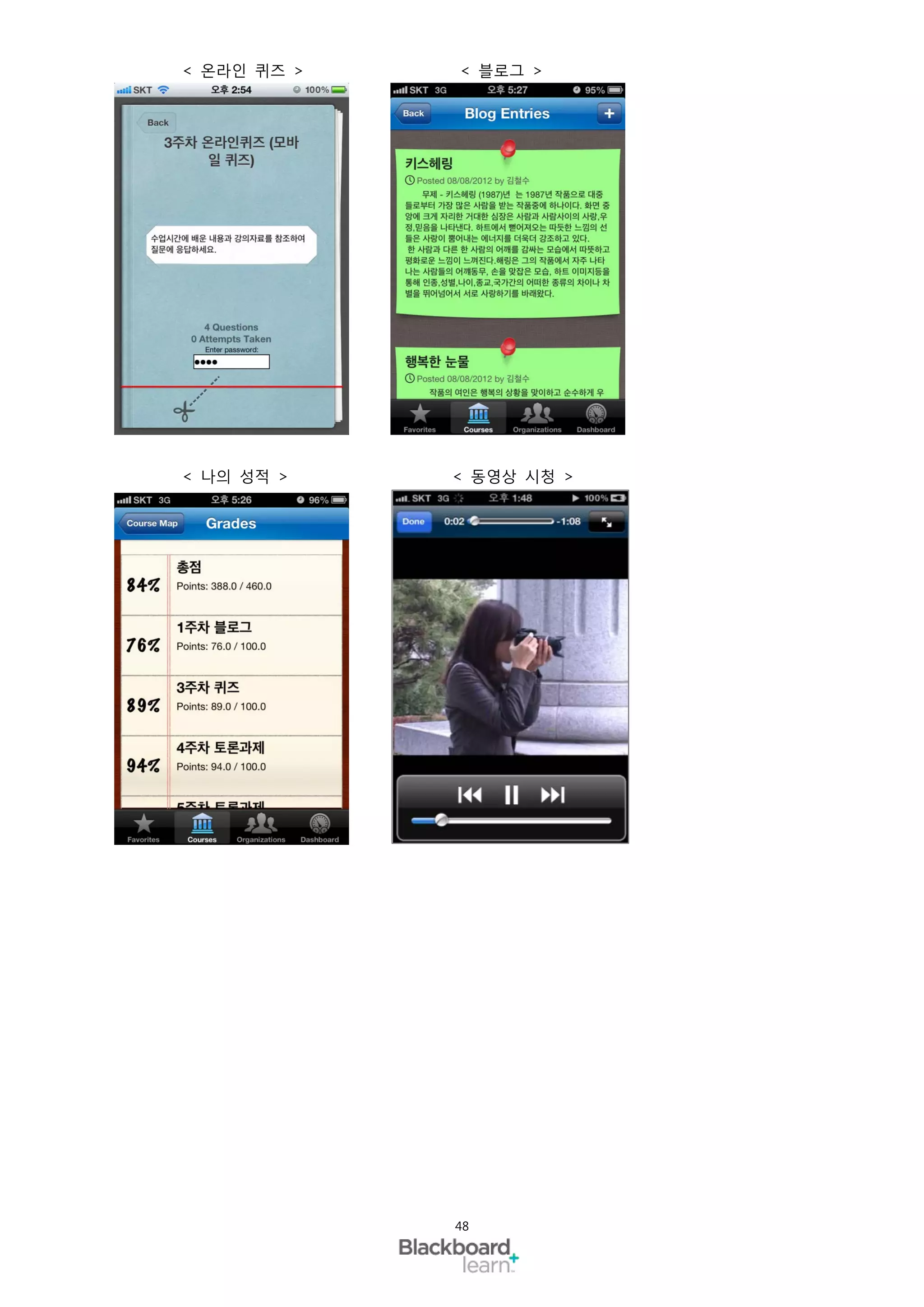 < 온라인 퀴즈 >   < 블로그 >




< 나의 성적 >    < 동영상 시청 >




             48
 