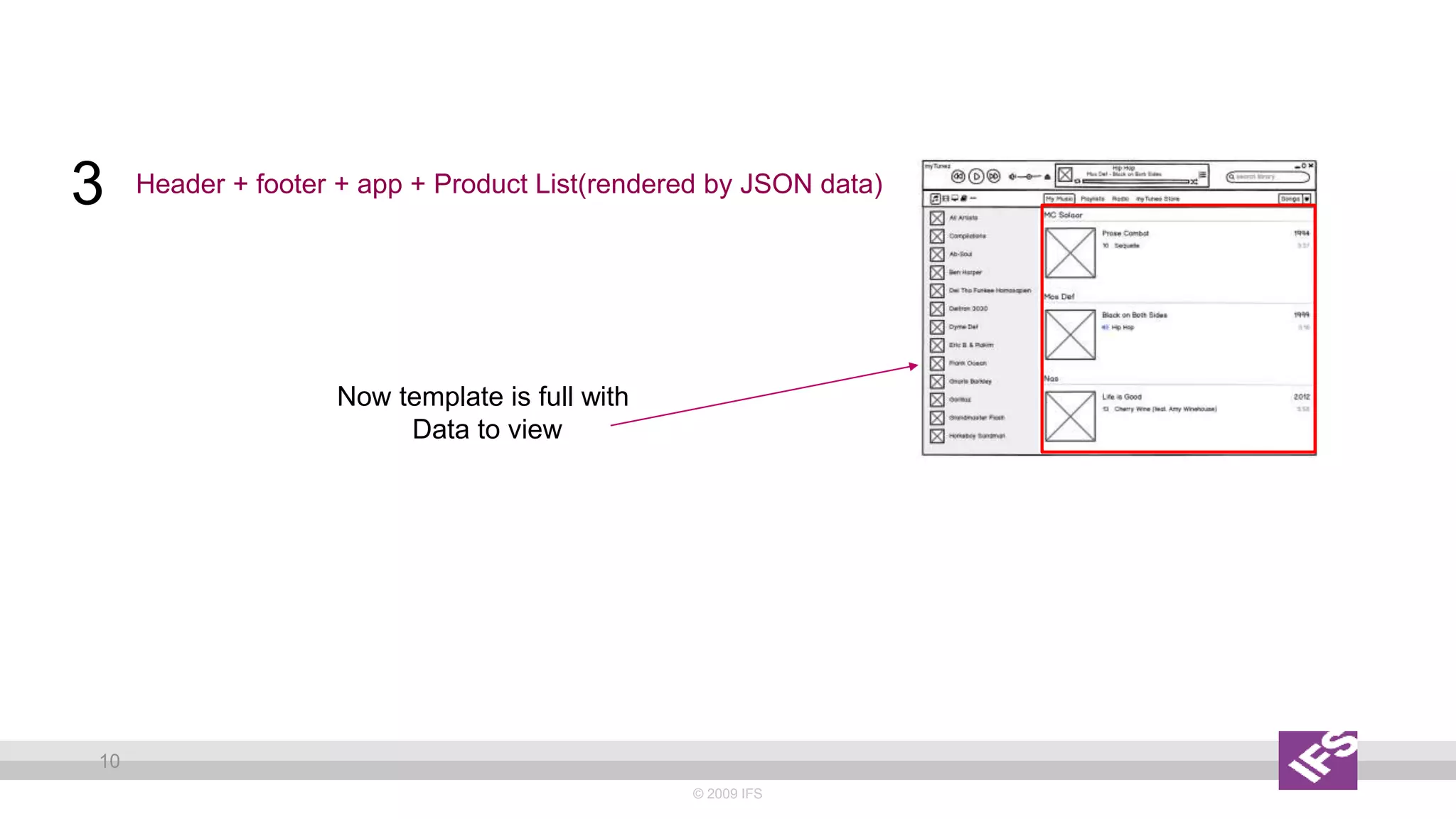 © 2009 IFS
10
Header + footer + app + Product List(rendered by JSON data)3
Now template is full with
Data to view
 