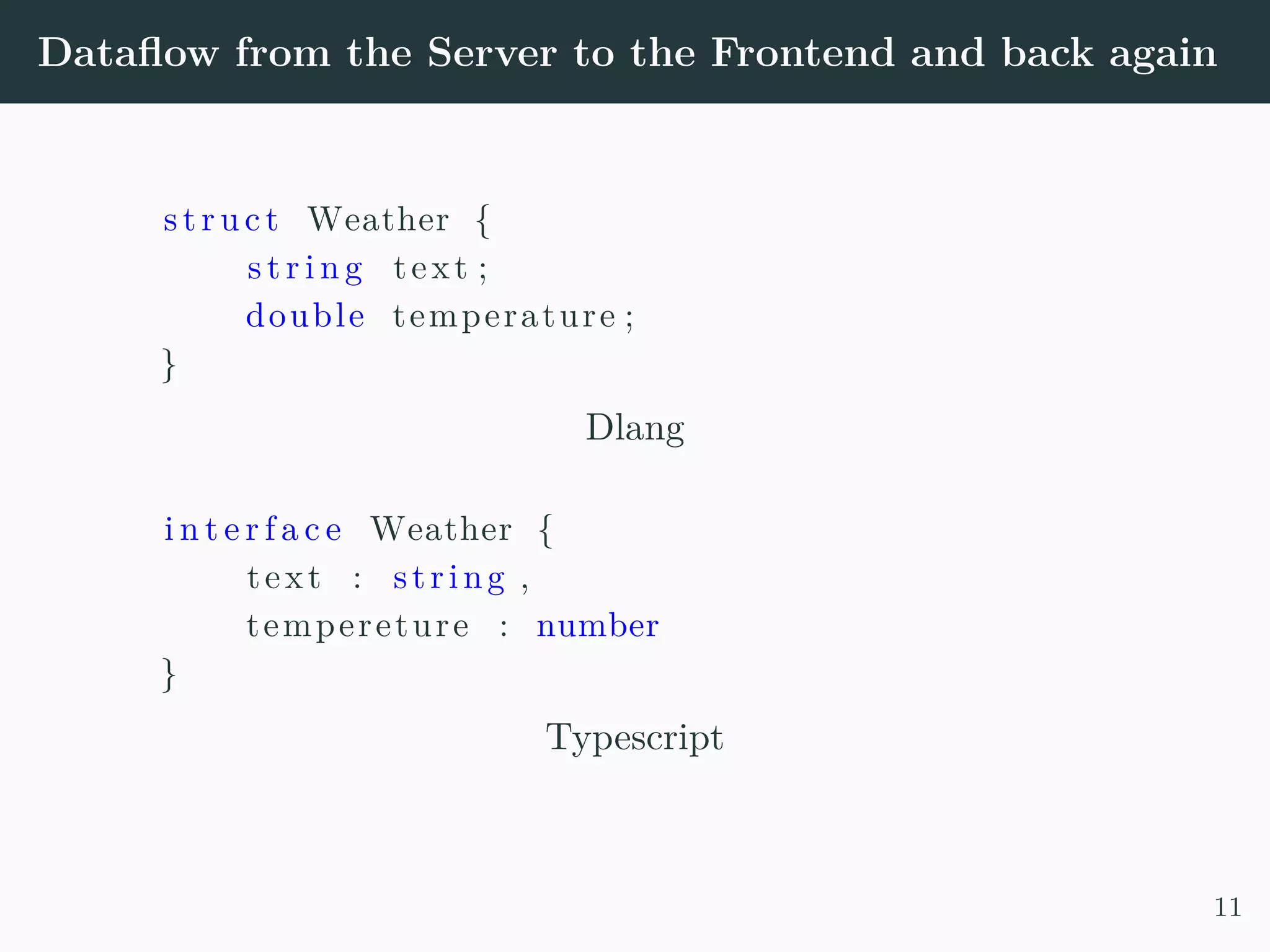 Dataflow from the Server to the Frontend and back again struct Weather { s t r i n g text ; double temperature ; } Dlang i n t e r f a c e Weather { text : string , tempereture : number } Typescript 11 