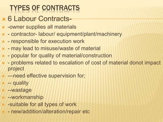 TYPES OF CONTRACTS
 6 Labour Contracts-
 -owner supplies all materials
 - contractor- labour/ equipment/plant/machinery
 - responsible for execution work
 - may lead to misuse/waste of material
 - popular for quality of material/construction
 - problems related to escalation of cost of material donot impact
project
 —need effective supervision for;
 -- quality
 --wastage
 --workmanship
 -suitable for all types of work
 - new/addition/alteration/repair etc
 