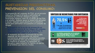 La prevención del consumo de PSA, es un proceso
educativo Integral dirigido a enfrentar un
problema ha existido siempre y seguirá
existiendo siempre como es; el abuso de las PSA
y el alcohol. Además apoya el desarrollo personal
y social, también busca modificar el ambiente
social para enfrentar eficazmente el consumo de
drogas.
 El propósito de la acción de prevención es
sensibilizar acerca de los riesgos del consumo,
enfrentar la presión social y acrecentar la
responsabilidad respecto al problema.
 Al momento de hacer la prevención no sólo
depende de los organismos de control
(carabineros, psiquiatras, asistentes sociales,
investigadores) sino que es fundamental que
se involucre el estado, la comunidad, la
escuela y especialmente la familia, ya que es
un problema que afecta a todos.
 