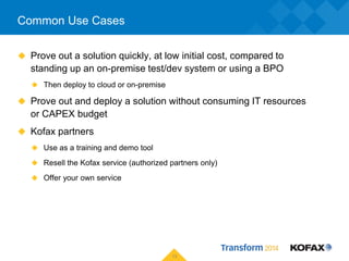 Common Use Cases
 Prove out a solution quickly, at low initial cost, compared to
standing up an on-premise test/dev syste...