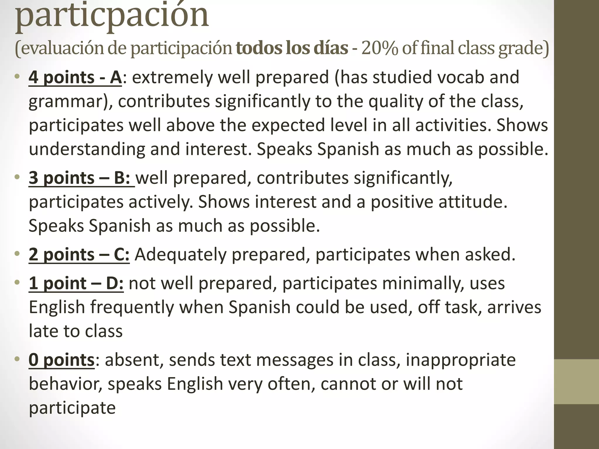 particpación
(evaluacióndeparticipacióntodoslosdías-20%offinalclassgrade)
• 4 points - A: extremely well prepared (has studied vocab and
grammar), contributes significantly to the quality of the class,
participates well above the expected level in all activities. Shows
understanding and interest. Speaks Spanish as much as possible.
• 3 points – B: well prepared, contributes significantly,
participates actively. Shows interest and a positive attitude.
Speaks Spanish as much as possible.
• 2 points – C: Adequately prepared, participates when asked.
• 1 point – D: not well prepared, participates minimally, uses
English frequently when Spanish could be used, off task, arrives
late to class
• 0 points: absent, sends text messages in class, inappropriate
behavior, speaks English very often, cannot or will not
participate
 