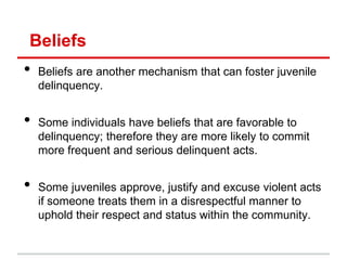 Beliefs
•   Beliefs are another mechanism that can foster juvenile
    delinquency.


•   Some individuals have beliefs that are favorable to
    delinquency; therefore they are more likely to commit
    more frequent and serious delinquent acts.


•   Some juveniles approve, justify and excuse violent acts
    if someone treats them in a disrespectful manner to
    uphold their respect and status within the community.
 