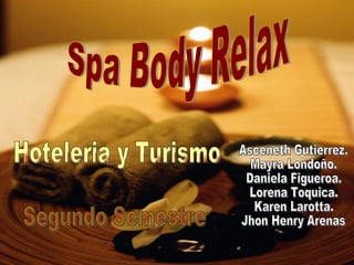 Spa Body Relax Hoteleria y Turismo Segundo Semestre Asceneth Gutierrez. Mayra Londoño. Daniela Figueroa.  Lorena Toquica. Karen Larotta. Jhon Henry Arenas 