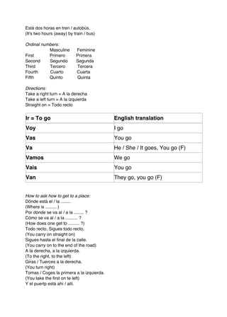 Está dos horas en tren / autobús.
(It's two hours (away) by train / bus)

Ordinal numbers:
           Masculine       Feminine
First      Primero         Primera
Second     Segundo         Segunda
Third      Tercero         Tercera
Fourth     Cuarto          Cuarta
Fifth      Quinto          Quinta

Directions:
Take a right turn = A la derecha
Take a left turn = A la izquierda
Straight on = Todo recto


Ir = To go                                 English translation
Voy                                        I go
Vas                                        You go
Va                                         He / She / It goes, You go (F)
Vamos                                      We go
Vais                                       You go
Van                                        They go, you go (F)


How to ask how to get to a place:
Dónde está el / la ........
(Where is ......... )
Por dónde se va al / a la ........ ?
Cómo se va al / a la .......... ?
(How does one get to ......... ?)
Todo recto, Sigues todo recto.
(You carry on straight on)
Sigues hasta el final de la calle.
(You carry on to the end of the road)
A la derecha, a la izquierda.
(To the right, to the left)
Giras / Tuerces a la derecha.
(You turn right)
Tomas / Coges la primera a la izquierda.
(You take the first on te left)
Y el puertp está ahí / allí.
 