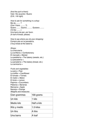 (And the port is there)
Vale / De acuerdo / Bueno
(O.K. / All right)

How to ask for something in a shop:
Me da ........ ?
(Can I have ......... ?)
Quiero ........ Quería .......... Quisiera ........
(I'd like ....... )
Una barra de pan, por favor.
(A loaf of bread, please)

How to say where you do your shopping:
Compro pan en la panadería.
(I buy bread at the baker's)

Shops:
La charcutería
La confitería = Confectionery
El mercado = Market
La pastelería = The bakery (sweets, etc.)
La pescadería =
La panadería = The bakery (bread, etc.)
La carnicería =

Fruits and vegetables:
La pera = Pear
La coliflor = Cauliflower
El tomate = Tomato
El melón = Melon
El limón = Lemon
Pepinos = Cucumbers
Plátanos = Bananas
Manzana = Apple
Naranja = Orange
Weights and measures:
Cien grammos                    100 grams
Un kilo                         1 kilo
Medio kilo                      Half a kilo
Kilo y medio                    1.5 kilos
Un litro                        A litre
Una barra                       A loaf
 