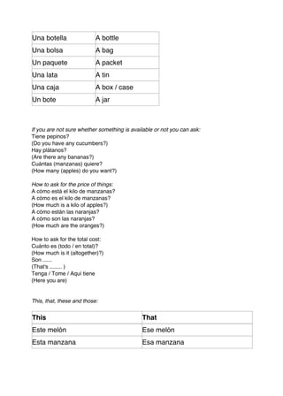 Una botella                A bottle
Una bolsa                  A bag
Un paquete                 A packet
Una lata                   A tin
Una caja                   A box / case
Un bote                    A jar



If you are not sure whether something is available or not you can ask:
Tiene pepinos?
(Do you have any cucumbers?)
Hay plátanos?
(Are there any bananas?)
Cuántas (manzanas) quiere?
(How many (apples) do you want?)

How to ask for the price of things:
A cómo está el kilo de manzanas?
A cómo es el kilo de manzanas?
(How much is a kilo of apples?)
A cómo están las naranjas?
A cómo son las naranjas?
(How much are the oranges?)

How to ask for the total cost:
Cuánto es (todo / en total)?
(How much is it (altogether)?)
Son ......
(That's ........ )
Tenga / Tome / Aquí tiene
(Here you are)


This, that, these and those:


This                                         That
Este melón                                   Ese melón
Esta manzana                                 Esa manzana
 