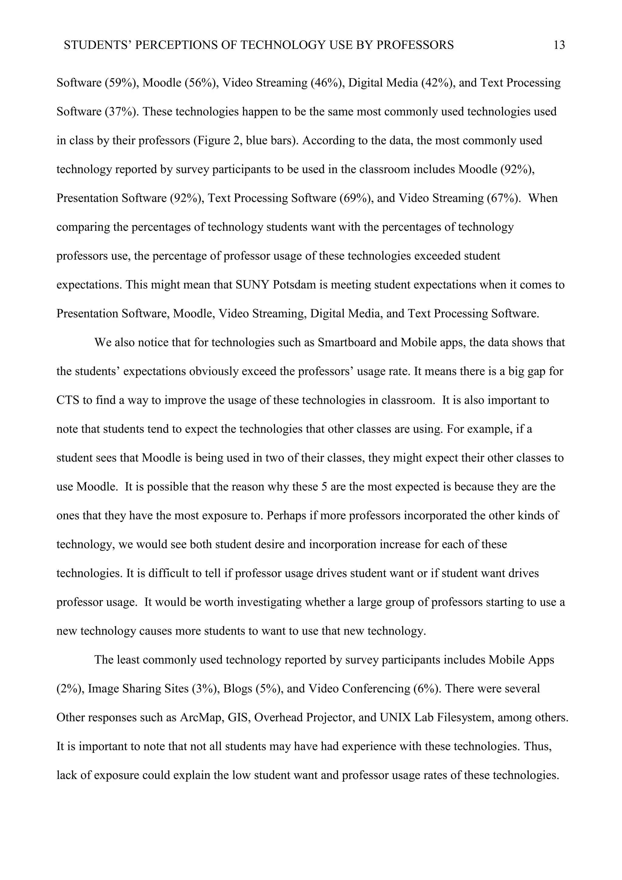 STUDENTS’ PERCEPTIONS OF TECHNOLOGY USE BY PROFESSORS 13
Software (59%), Moodle (56%), Video Streaming (46%), Digital Media (42%), and Text Processing
Software (37%). These technologies happen to be the same most commonly used technologies used
in class by their professors (Figure 2, blue bars). According to the data, the most commonly used
technology reported by survey participants to be used in the classroom includes Moodle (92%),
Presentation Software (92%), Text Processing Software (69%), and Video Streaming (67%). When
comparing the percentages of technology students want with the percentages of technology
professors use, the percentage of professor usage of these technologies exceeded student
expectations. This might mean that SUNY Potsdam is meeting student expectations when it comes to
Presentation Software, Moodle, Video Streaming, Digital Media, and Text Processing Software.
We also notice that for technologies such as Smartboard and Mobile apps, the data shows that
the students’ expectations obviously exceed the professors’ usage rate. It means there is a big gap for
CTS to find a way to improve the usage of these technologies in classroom. It is also important to
note that students tend to expect the technologies that other classes are using. For example, if a
student sees that Moodle is being used in two of their classes, they might expect their other classes to
use Moodle. It is possible that the reason why these 5 are the most expected is because they are the
ones that they have the most exposure to. Perhaps if more professors incorporated the other kinds of
technology, we would see both student desire and incorporation increase for each of these
technologies. It is difficult to tell if professor usage drives student want or if student want drives
professor usage. It would be worth investigating whether a large group of professors starting to use a
new technology causes more students to want to use that new technology.
The least commonly used technology reported by survey participants includes Mobile Apps
(2%), Image Sharing Sites (3%), Blogs (5%), and Video Conferencing (6%). There were several
Other responses such as ArcMap, GIS, Overhead Projector, and UNIX Lab Filesystem, among others.
It is important to note that not all students may have had experience with these technologies. Thus,
lack of exposure could explain the low student want and professor usage rates of these technologies.
 