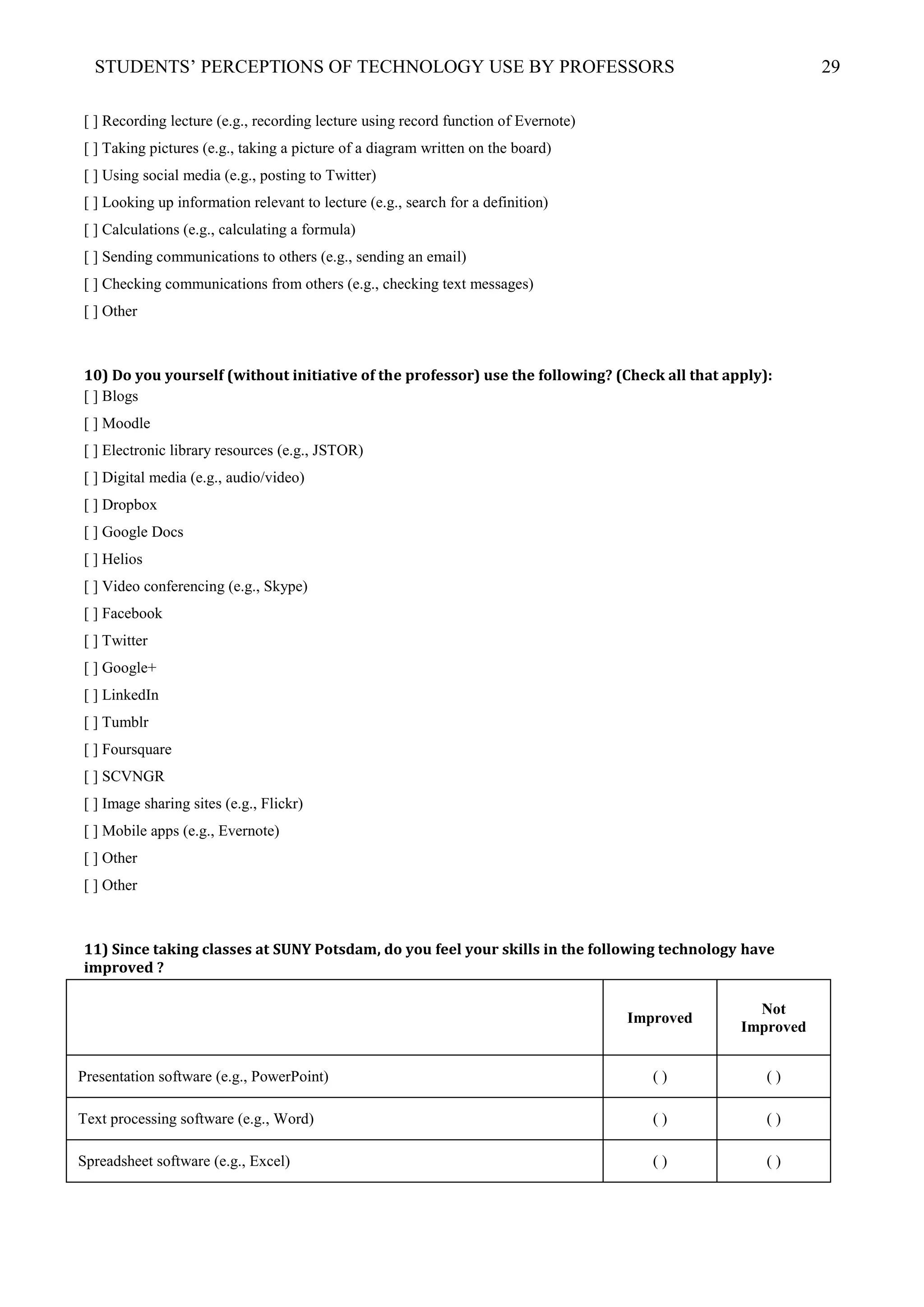 STUDENTS’ PERCEPTIONS OF TECHNOLOGY USE BY PROFESSORS 29
[ ] Recording lecture (e.g., recording lecture using record function of Evernote)
[ ] Taking pictures (e.g., taking a picture of a diagram written on the board)
[ ] Using social media (e.g., posting to Twitter)
[ ] Looking up information relevant to lecture (e.g., search for a definition)
[ ] Calculations (e.g., calculating a formula)
[ ] Sending communications to others (e.g., sending an email)
[ ] Checking communications from others (e.g., checking text messages)
[ ] Other
10) Do you yourself (without initiative of the professor) use the following? (Check all that apply):
[ ] Blogs
[ ] Moodle
[ ] Electronic library resources (e.g., JSTOR)
[ ] Digital media (e.g., audio/video)
[ ] Dropbox
[ ] Google Docs
[ ] Helios
[ ] Video conferencing (e.g., Skype)
[ ] Facebook
[ ] Twitter
[ ] Google+
[ ] LinkedIn
[ ] Tumblr
[ ] Foursquare
[ ] SCVNGR
[ ] Image sharing sites (e.g., Flickr)
[ ] Mobile apps (e.g., Evernote)
[ ] Other
[ ] Other
11) Since taking classes at SUNY Potsdam, do you feel your skills in the following technology have
improved ?
Improved
Not
Improved
Presentation software (e.g., PowerPoint) ( ) ( )
Text processing software (e.g., Word) ( ) ( )
Spreadsheet software (e.g., Excel) ( ) ( )
 