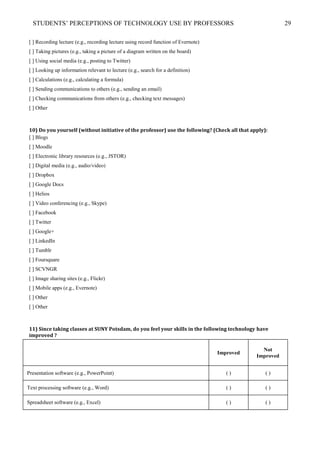 STUDENTS’ PERCEPTIONS OF TECHNOLOGY USE BY PROFESSORS 29
[ ] Recording lecture (e.g., recording lecture using record function of Evernote)
[ ] Taking pictures (e.g., taking a picture of a diagram written on the board)
[ ] Using social media (e.g., posting to Twitter)
[ ] Looking up information relevant to lecture (e.g., search for a definition)
[ ] Calculations (e.g., calculating a formula)
[ ] Sending communications to others (e.g., sending an email)
[ ] Checking communications from others (e.g., checking text messages)
[ ] Other
10) Do you yourself (without initiative of the professor) use the following? (Check all that apply):
[ ] Blogs
[ ] Moodle
[ ] Electronic library resources (e.g., JSTOR)
[ ] Digital media (e.g., audio/video)
[ ] Dropbox
[ ] Google Docs
[ ] Helios
[ ] Video conferencing (e.g., Skype)
[ ] Facebook
[ ] Twitter
[ ] Google+
[ ] LinkedIn
[ ] Tumblr
[ ] Foursquare
[ ] SCVNGR
[ ] Image sharing sites (e.g., Flickr)
[ ] Mobile apps (e.g., Evernote)
[ ] Other
[ ] Other
11) Since taking classes at SUNY Potsdam, do you feel your skills in the following technology have
improved ?
Improved
Not
Improved
Presentation software (e.g., PowerPoint) ( ) ( )
Text processing software (e.g., Word) ( ) ( )
Spreadsheet software (e.g., Excel) ( ) ( )
 