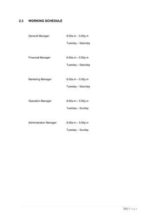 24 | P a g e
2.3 WORKING SCHEDULE
General Manager: 8:00a.m – 5:00p.m
Tuesday – Saturday
Financial Manager: 8:00a.m – 5:00p.m
Tuesday – Saturday
Marketing Manager: 8:00a.m – 5:00p.m
Tuesday – Saturday
Operation Manager: 8:00a.m – 5:00p.m
Tuesday – Sunday
Administration Manager: 8:00a.m – 5:00p.m
Tuesday – Sunday
 