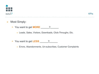 KPIs Most Simply: You want to get  MORE  ______ ? ______ Leads, Sales, Visitors, Downloads, Click-Throughs, Etc. You want to get  LESS  ______ ? ______ Errors, Abandonments, Un-subscribes, Customer Complaints 