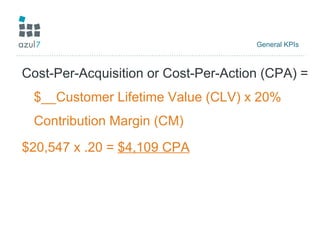 General KPIs  Cost-Per-Acquisition or Cost-Per-Action (CPA) =  $__Customer Lifetime Value (CLV) x 20% Contribution Margin (CM) $20,547 x .20 =  $4,109 CPA 