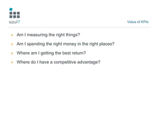 Value of KPIs Am I measuring the right things? Am I spending the right money in the right places? Where am I getting the best return? Where do I have a competitive advantage? 