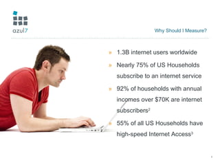 Why Should I Measure? 1.3B internet users worldwide Nearly 75% of US Households subscribe to an internet service 92% of households with annual incomes over $70K are internet subscribers 2 55% of all US Households have high-speed Internet Access 3 