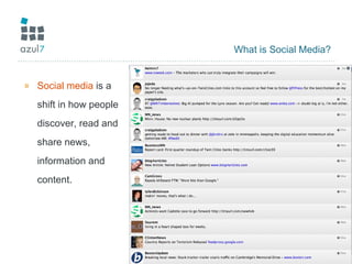 What is Social Media? Social media  is a shift in how people discover, read and share news, information and content.  
