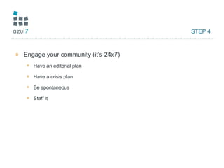 STEP 4 Engage your community (it’s 24x7) Have an editorial plan Have a crisis plan Be spontaneous Staff it 